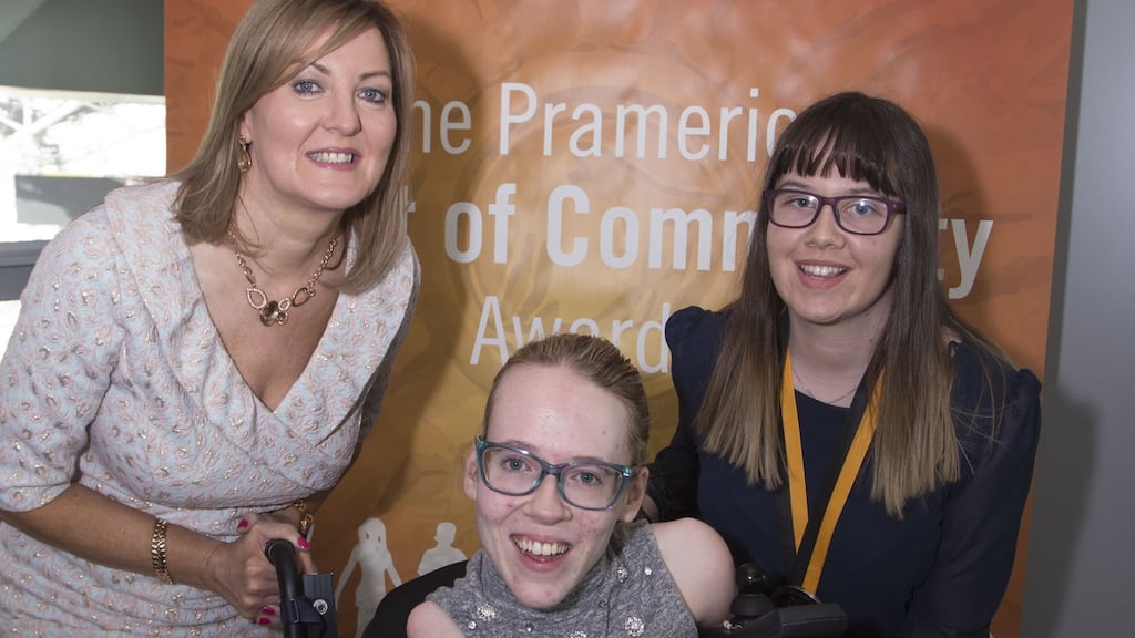 2018 Pramerica Spirit of Community Awards finalist Caoimhe Bennett, right, from Loreto Grammar School in Omagh, with Andrea McBride, vice-president of Pramerica Systems Ireland, and guest-of-honour Joanne O’Riordan