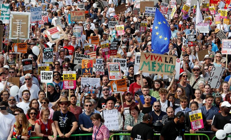 Demonstrators taking part in an anti-Trump protest in central London on Friday. Photograph: Yves Herman/Reuters