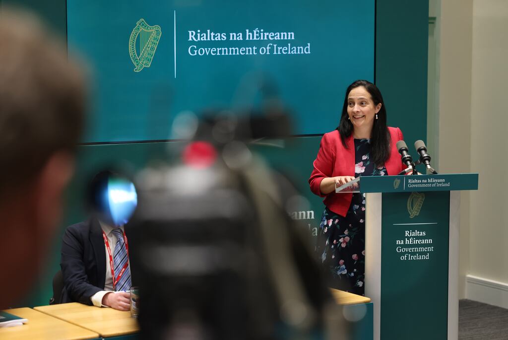 Minister for Tourism, Culture, Arts, Gaeltacht, Sport and Media, Catherine Martin TD during a press conference about RTÉ following the Government meeting. Photograph: Dara Mac Dónaill