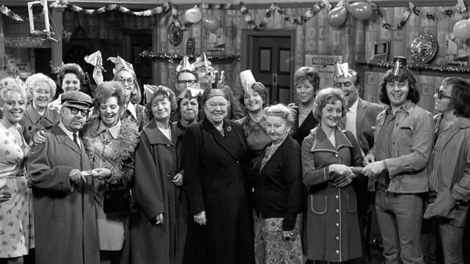 File photo dated 18/12/74 December 18th, 1974: Coronation Street stars during a Christmas Party sequence at the Rovers Return. Ms Kirkbride is third left at the back. Photograph: PA/PA Wire