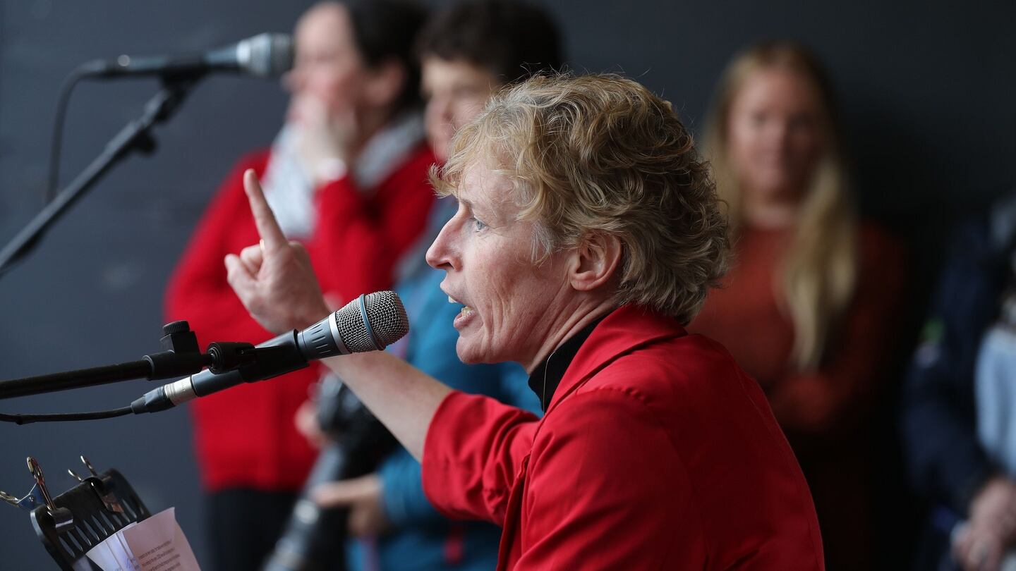 DCU academic  Aisling Silke addressing the crowd on behalf of the National Childcare Network at the Dublin protest. Photograph Nick Bradshaw/ The Irish Times