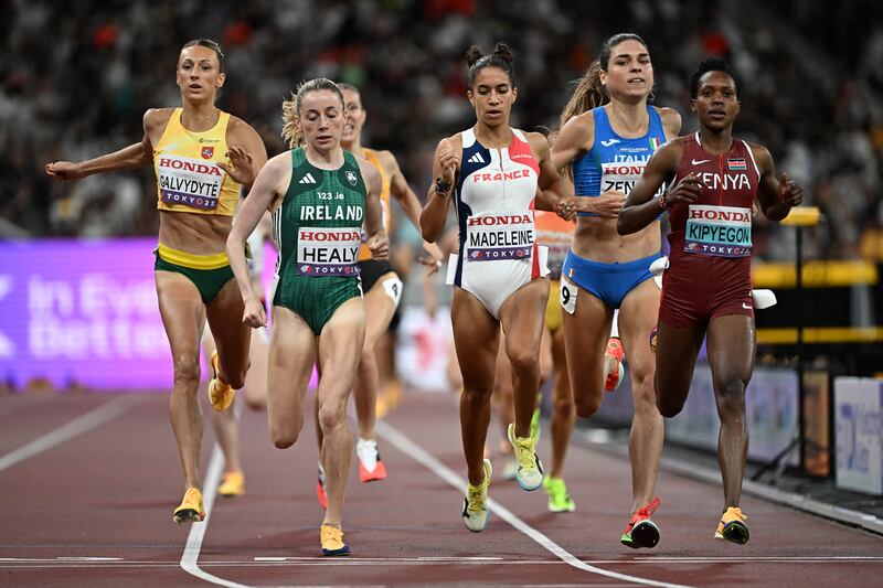 Lithuania's Gabija Galvydyte, Ireland's Sarah Healy, France's Sarah Madeleine, Italy's Marta Zenoni and Kenya's Faith Kipyegon. Photograph: Jewel Samad/Getty