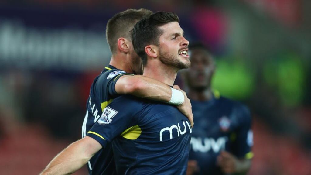 Shane Long celebrates scoring Southampton’s second goal in their League Cup fourth round victory over Stoke City at Brittannia Stadium. Photograph: Getty.