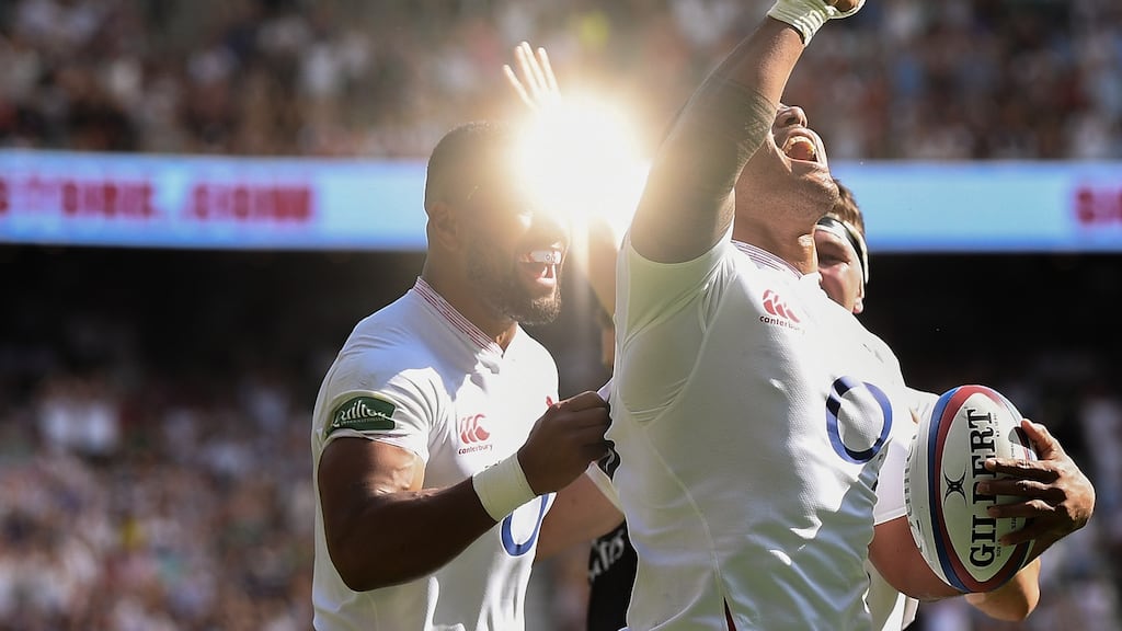 Manu Tuilagi of England celebrates with his team mates Joe Cokanasiga and Tom Curry after scoring his team’s third try against Ireland during the 2019 Quilter International Twickenham in August. Photograph: David Ramos/Getty Images