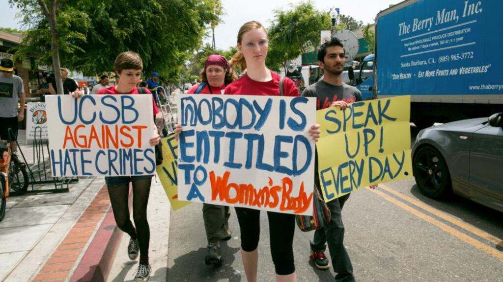 ‘There’s barely a woman alive who couldn’t come up with an example of sexist behaviour she has encountered, from the relatively trivial to the terminally damaging.’ Above, a group of students in California protest about violence against women in the wake of the shooting spree by Elliot Rodger. Photograph: Monica Almeida/The New York Times
