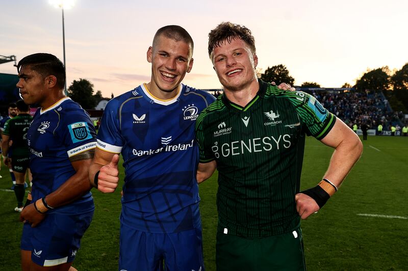 Brothers Sam (left) and Cian Prendergast after Leinster's 33-7 win over Connacht at the RDS in last season's URC. Photograph: Ben Brady/Inpho