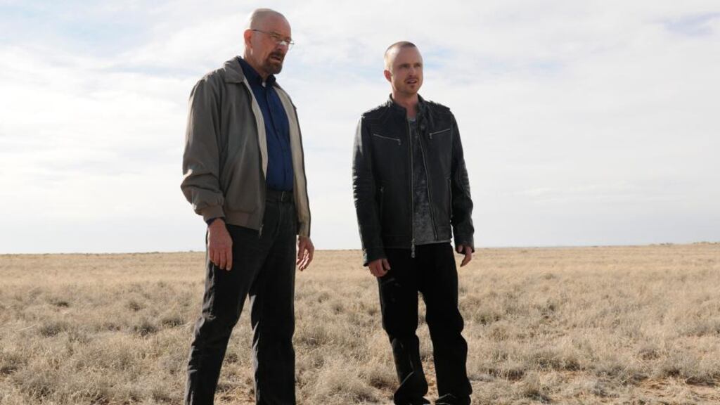 An undated handout photo of Bryan Cranston, left, and Aaron Paul in a scene from the season five premiere of the AMC series Breaking Bad. Photograph: Ursula Coyote/AMC via The New York Times