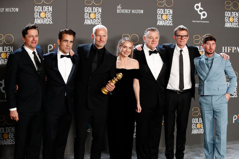 Peter Czernin, Colin Farrell, Martin McDonagh, Kerry Condon, Brendan Gleeson, Graham Broadbent, and Barry Keoghan at the Golden Globes in Beverly Hills. Photograph: EPA-EEE