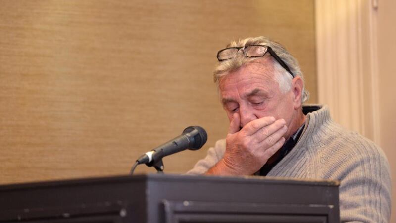 Michael Keane from Skrine, Co Roscommon, gives Tuesday’s press conference his account of living near wind turbines. Photograph: Dara Mac Dónaill
