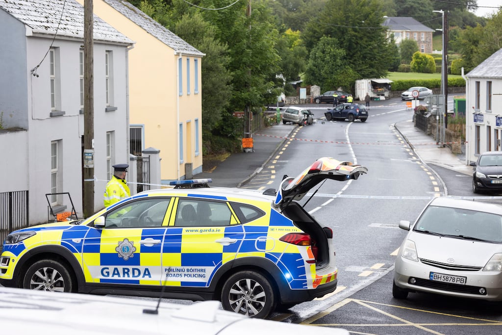 Gardaí at the scene of a fatal car crash in which two people died on the N56 in Kilmacrennan, Co Donegal. Photograph: Joe Dunne