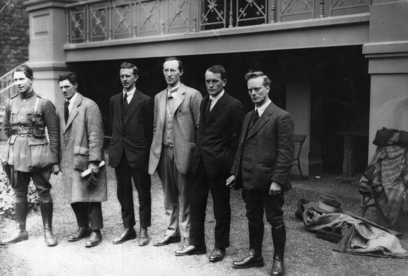 Nationalist leaders Seán Mac Eoin, Comdt Seán Moylan, Gen Eoin O'Duffy, Liam Lynch, Maj Gen Gearóid O'Sullivan TD and Liam Mellows, after a meeting to decide on a truce between supporters and opponents of the Treaty on May 1st, 1922. Photograph: Hulton Archive/Getty Images