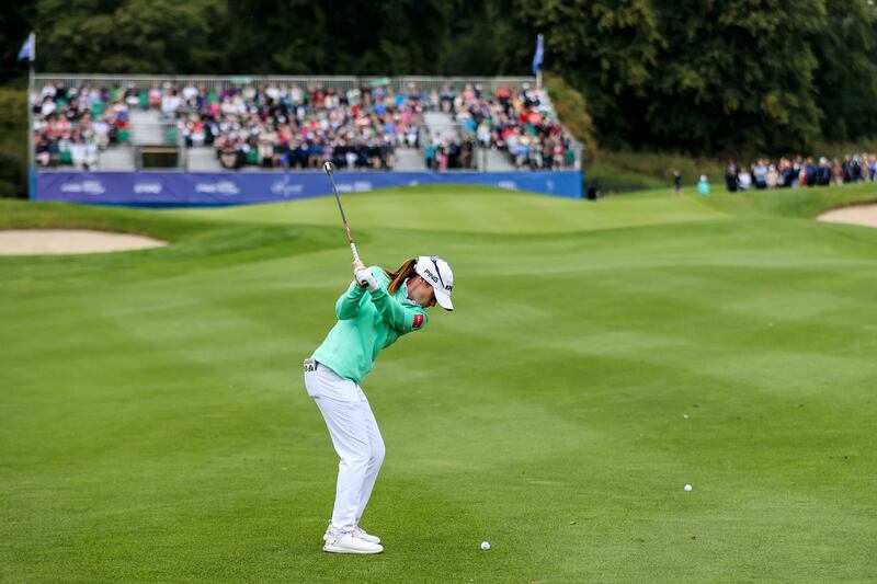 Leona Maguire plays onto the 18th green at Carton House. Photograph: Ben Brady/Inpho