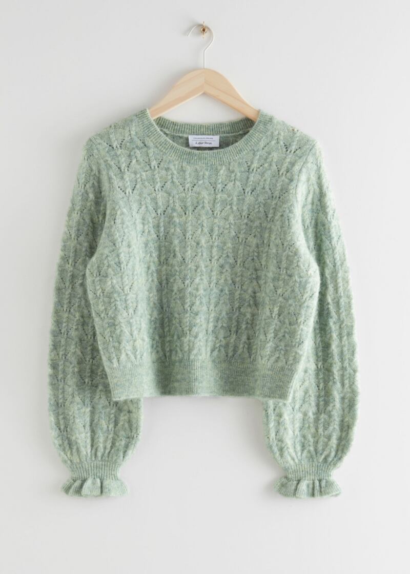 Light green alpaca blend ruffled cable knit sweater, from &OtherStories, €69 (stories.com)