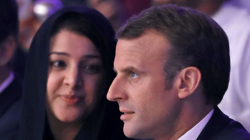 French president Emmanuel Macron next to Reem al Hashimy, the United Arab Emirates Minister of State for International Co-operation, upon his arrival at Dubai’s Chamber of Commerce in Dubai. Photograph: Karim Sahib/AFP/Getty Images
