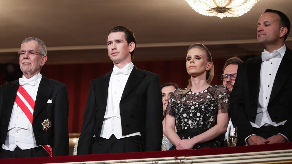 Austrian president Alexander Van der Bellen, Austrian chancellor Sebastian Kurz and his partner Susanne Thier and ITaoiseach Leo Varadkar stand prior the opening of the Opera Ball 2018, the sumptuous highlight of the Austrian capital’s ball season, on February 8th, 2018 at the State Opera House in Vienna. Photograph: Georg Hochmuth/AFP/Getty Images