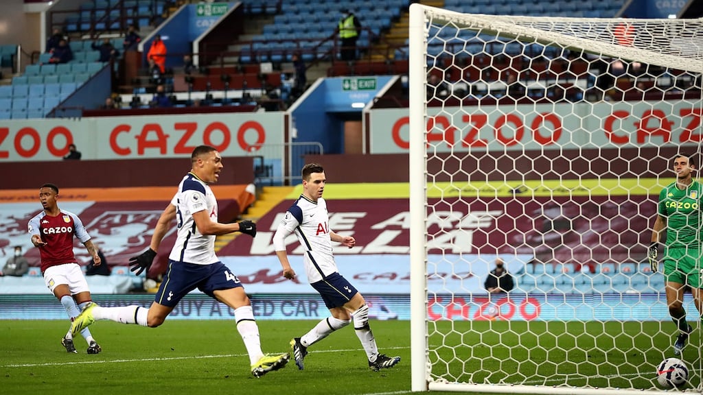 Tottenham Hotspur striker Carlos Vinicius scores at Villa Park. Photograph: PA