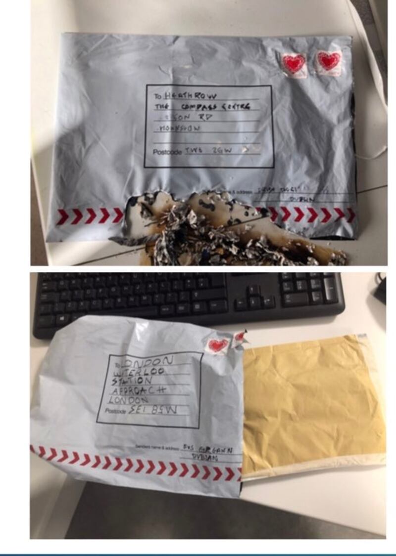 The envelopes sent to Heathrow airport and Waterloo train station, with Irish stamps visible and Dublin return addresses. Photograph: Alistair Bunkall/Sky News