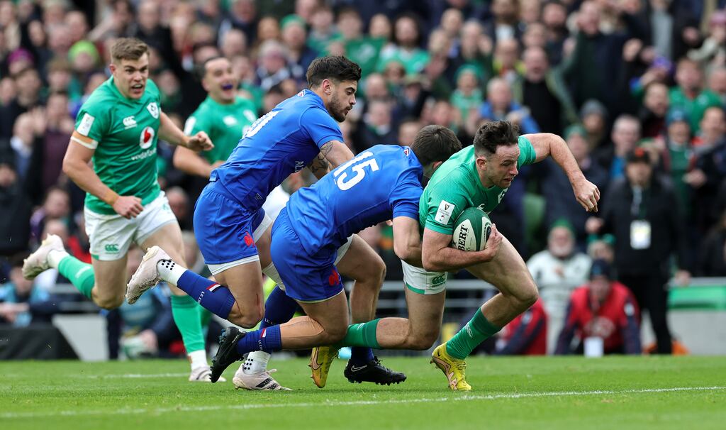 Hugo Keenan scores Ireland's first try against France at the Aviva Stadium on Saturday: live coverage of Ireland’s participation in the Six Nations has been left at “deferred” status. Photograph: David Rogers/Getty Images