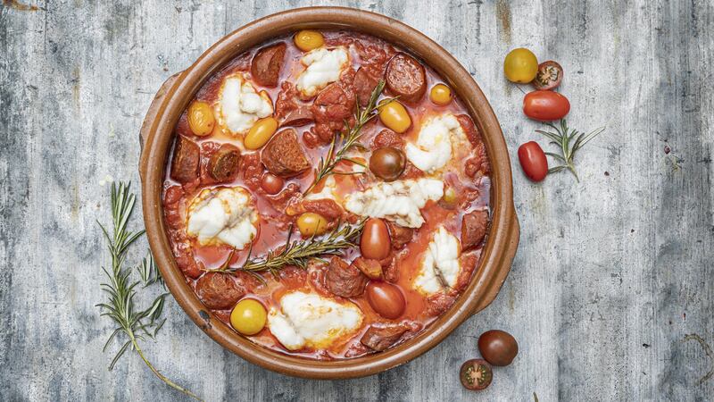 Baked monkfish, with smoked tomato, rosemary and chorizo
