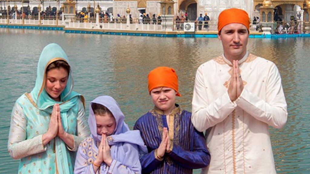 Canadian prime minister Justin Trudeau with his wife Sophie Gregoire Trudeau, daughter Ella-Grace and son Xavier at the Golden Temple in Amritsar. Photograph: AFP/Getty Images