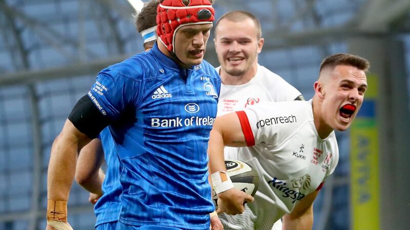 Ulster’s James Hume celebrates scoring his try against Leinster in the Guinness Pro 14 final. Photograph: James Crombie/Inpho
