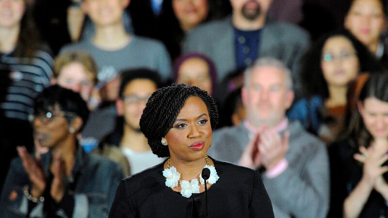 Ayanna Pressley addresses supporters in Boston. Photograph: Getty Images