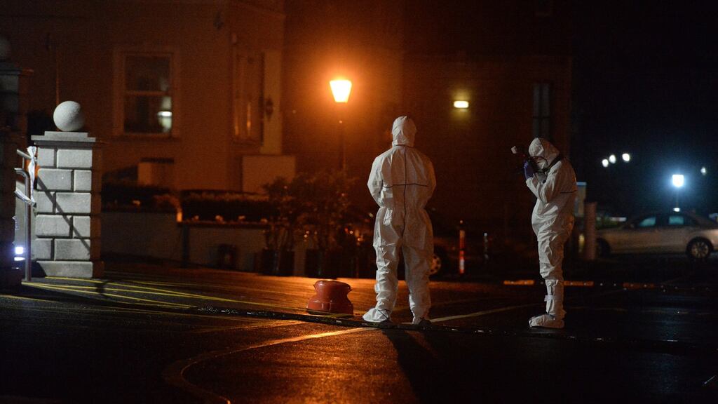 Forensic gardaí at the Regency Hotel lin Drumcondra following the attack on Friday that left David Byrne dead and two people wounded. Photograph: Cyril Byrne