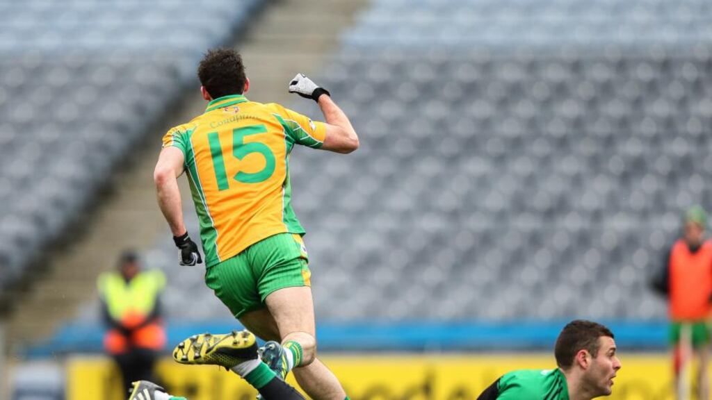 Corofin’s Michael Farragher celebrates scoring a goal. Photograph: Gary Carr/Inpho
