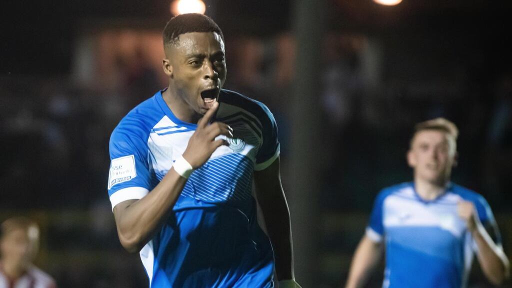 Finn Harps’ Babatunde Owolabi celebrates scoring what would be the winning goal from the penalty spot. Photograph: Evan Logan/Inpho