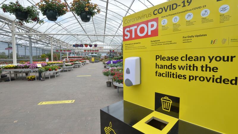 A Covid-19 sanitation station in Jones Garden Centre in Donabate. Photograph: Alan Betson