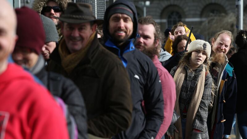 The queue to audition as extras for the upcoming movie The Last Duel. Filming will mostly take place around Dublin, Wicklow, Meath and Tipperary. Pictured are Lavina Maxwell from Firhouse with Christopher Mac Dhonnchadh from Belfast at the audition. Photograph Nick Bradshaw for The Irish Times