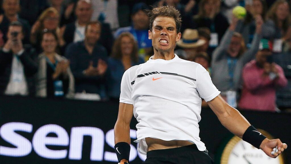 Spain’s Rafael Nadal celebrates winning his en’s singles quarter-final match at the Australian Open against Canada’s Milos Raonic. Photo: Thomas Peter/Reuters