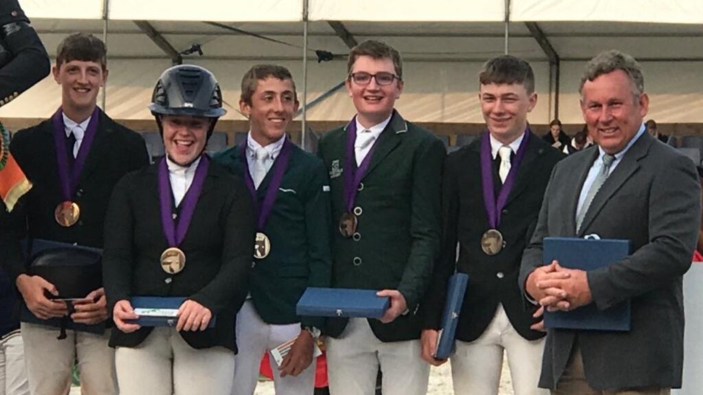 The bronze medal-winning Irish Junior show jumping squad of Jack Ryan, Kate Derwin, Harry Allen, Ciaran Nallon, and Seamus Hughes-Kennedy, pictured with team manager James Kernan