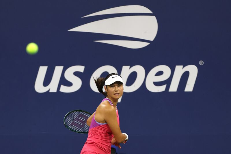 Britain's Emma Raducanu returns against Sofia Kenin of the United States during their first round game at the US Open. Photograph: Jamie Squire/Getty Images