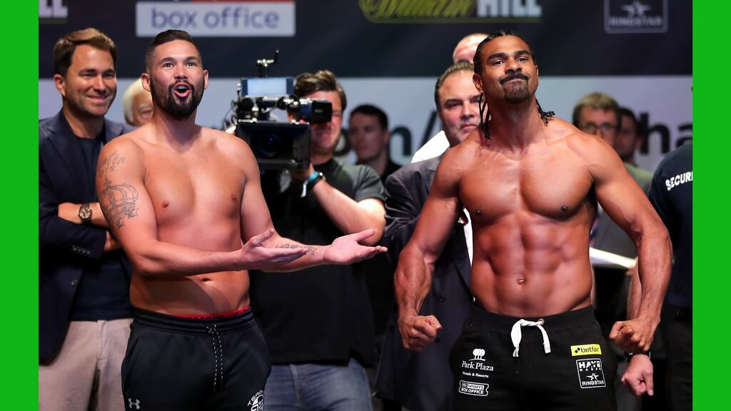 Tony Bellew and David Haye weigh in as Eddie Hearn looks on during the Weigh in ahead of the heavyweight clash at O2 Indigo in London, England. Photograph: Richard Heathcote/Getty