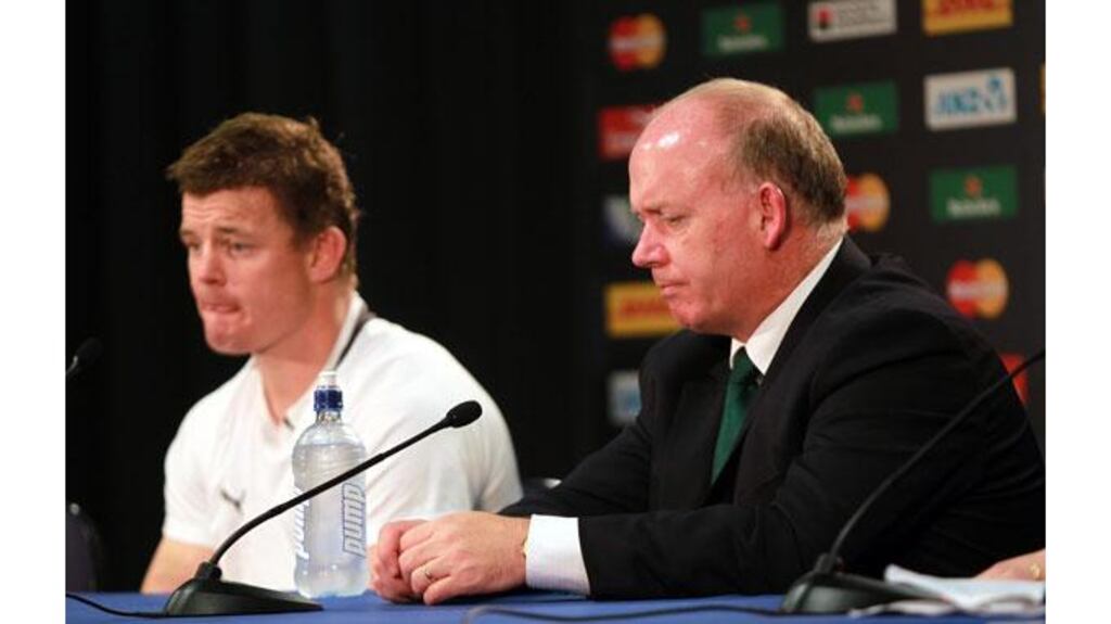 Brian O'Driscoll and Declan Kidney face the media after today’s defeat. Photograph: David Davies/PA Wire