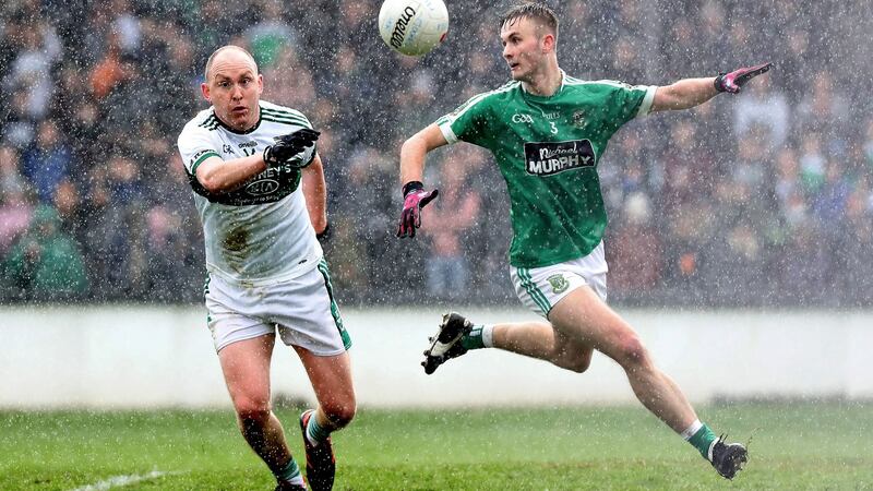 Portlaoise’s Brian McCormack in action with   Liam Healy of Moorefield in the senior   Football Championship quarter-finals, at St Conleth’s Park, Newbridge, earlier this month. Photograph:  Bryan Keane/Inpho