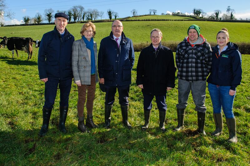 From left: Tom O'Dwyer, head of the signpost programme; Mairead McGuinness, EU Commissioner; Michael Hanley, CEO, Lakeland Dairies; Frank O'Mara, Teagasc director; Alan Clarke, host farmer; and Niamh Lynch, Teagasc business and technology adviser. Photograph: Alex Coleman