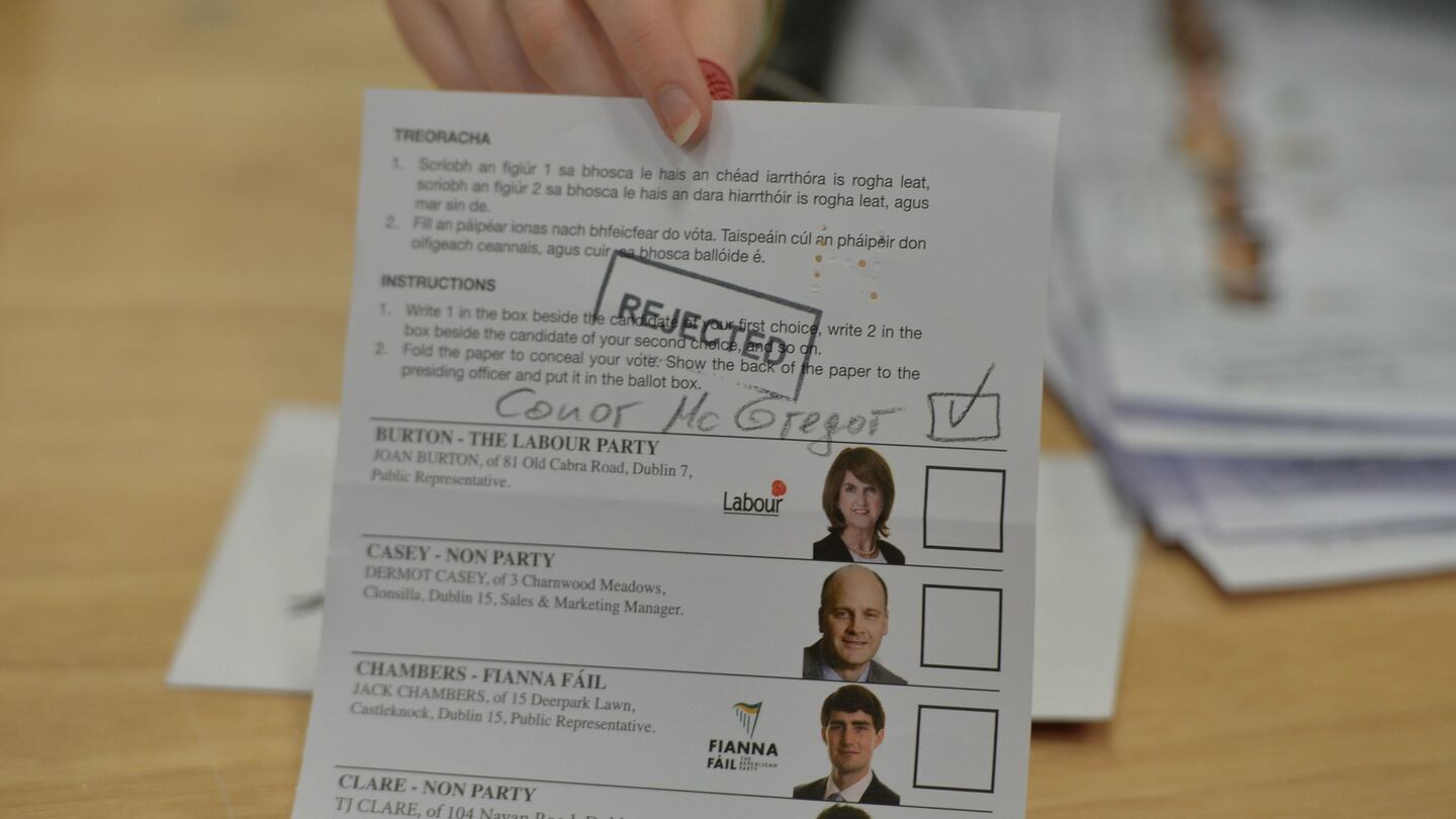 Spoiled votes during the counting of votes in the Dublin West count centre at Phibblestown near Ongar. Photograph: Alan Betson/The Irish Times