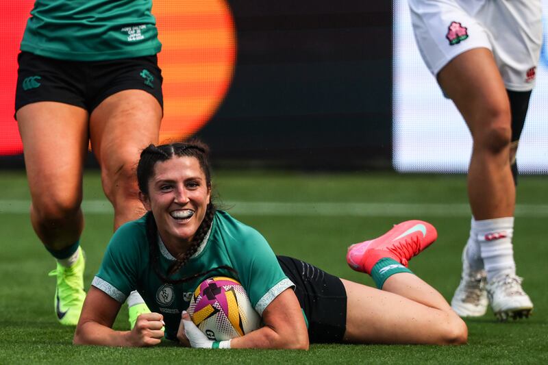 Amee-Leigh Costigan scores a try for Ireland against Japan. Photograph: Ben Brady/Inpho
