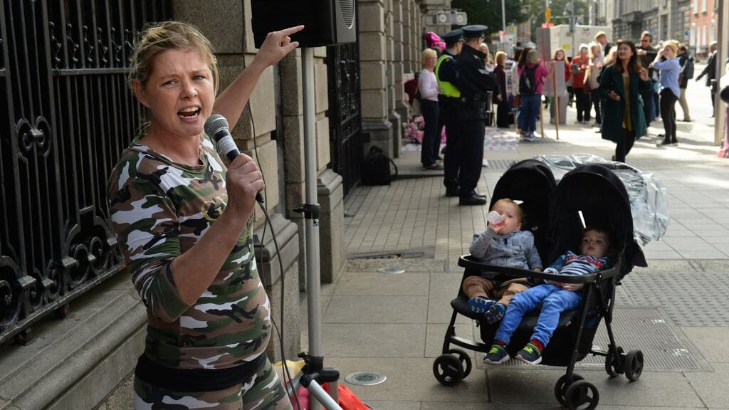 Margaret Cash speaking outside Leinster House earlier this year. File photograph: Dara Mac Dónaill