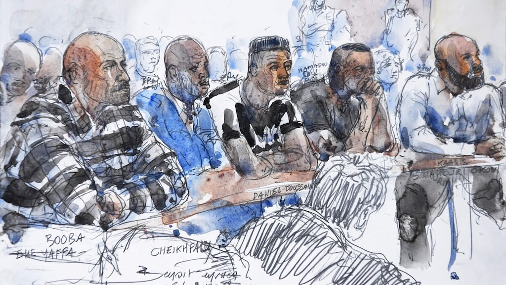 French rappers Booba (L) and Kaaris (R) sitting with other defendants in a courtroom at the courthouse of Creteil, near Paris on September 6th following a brawl at the Orly airport last August. Photograph: Benoit Peyrucq/AFP/Getty Images