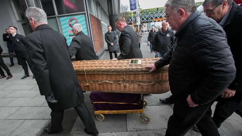 Seán Garland’s remains arrive for his removal at Liberty Hall, Dublin. Photograph: Gareth Chaney/Collins