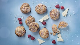 Raspberry, buttermilk and white chocolate scones