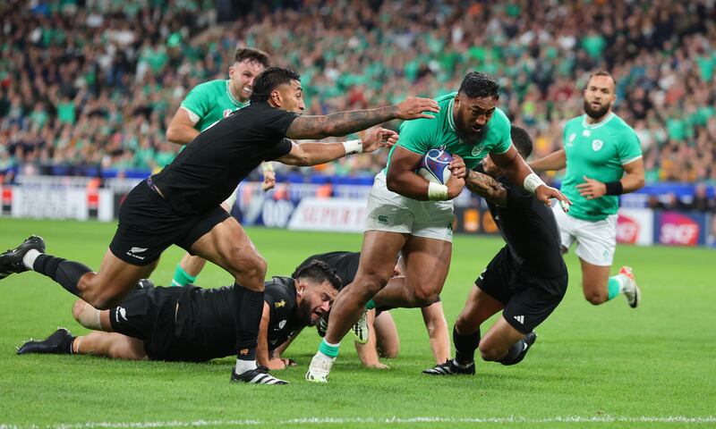 Bundee Aki scores a try against the All Blacks in the Rugby World Cup quarter final. 'Only one outcome would have constituted success.' Photograph: Billy Stickland/INPHO