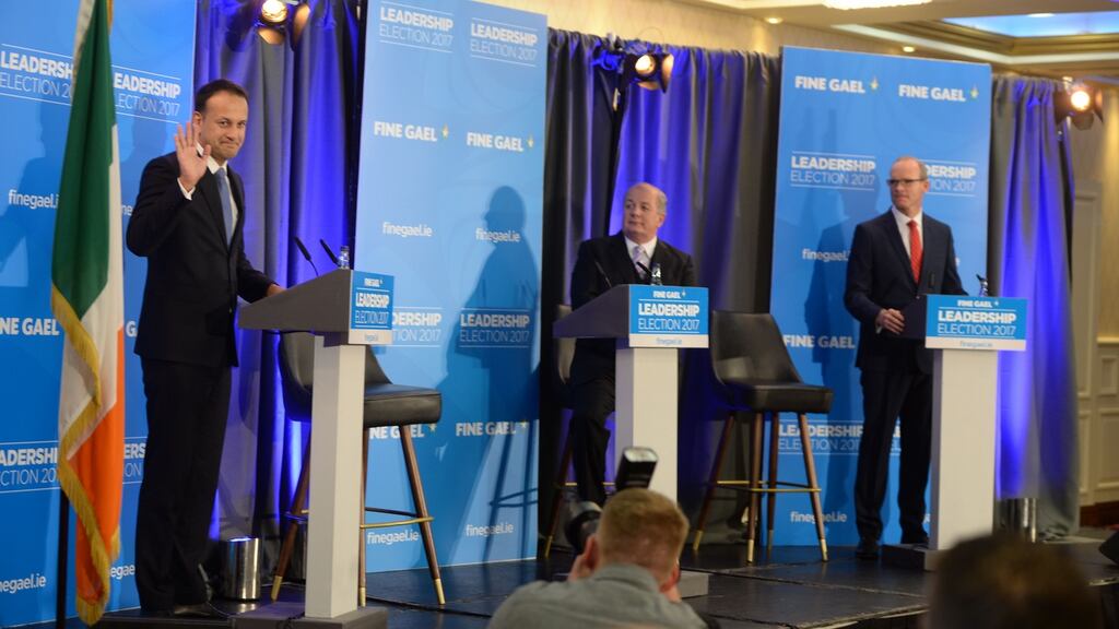 Leo Varadkar and Simon Coveney debate with each other at the start of hustings. Photograph: Alan Betson/The Irish Times