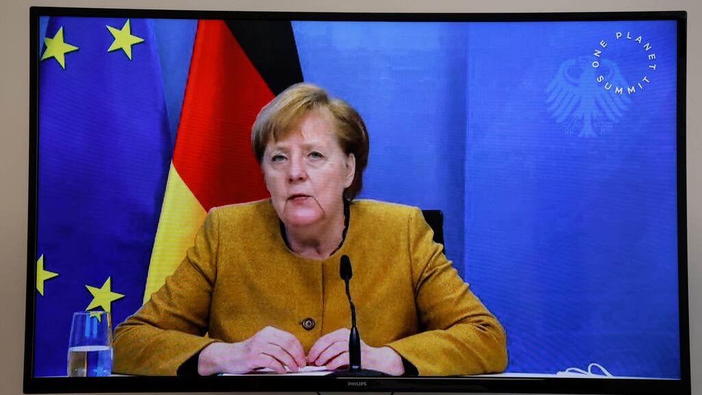 German chancellor Angela Merkel speaks during a video conference at the One Planet Summit on Monday. Photograph: EPA