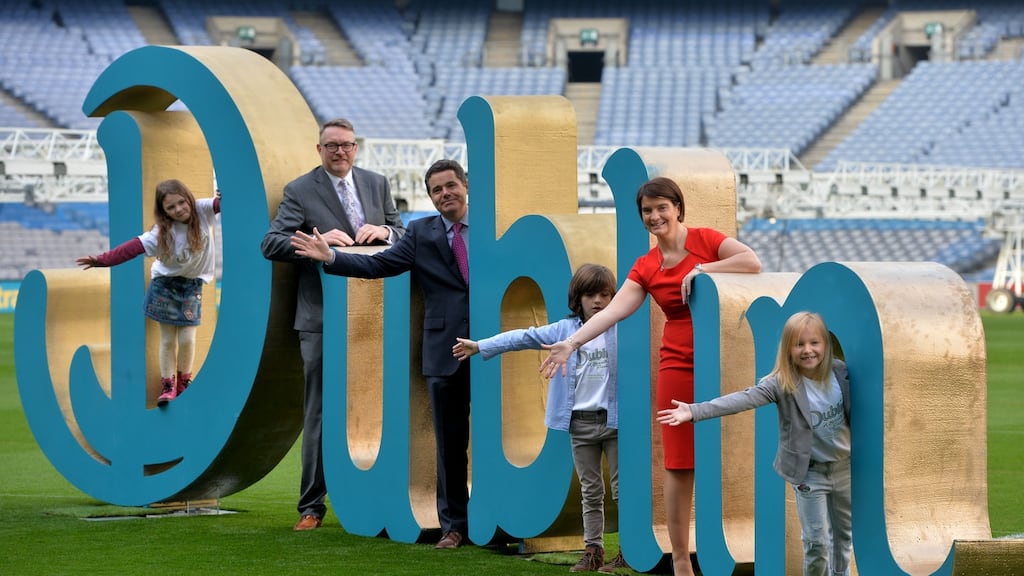 Michael Carey of Grow Dublin Tourism Alliance with Minister for Transport, Tourism and Sport Paschal Donohoe and Orla Carroll, director of Dublin, Failte Ireland with Eadaoin McCorry, Tristan McKenna and Sohpie Knap at Fáilte Ireland’s new €1m brand campaign for the city. Photograph: Alan Betson