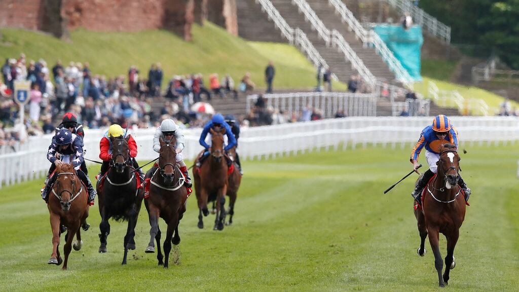Rostropovich (right) ridden by Ryan Moore wins the Dee Stakes at Chester. Photograph: Martin Rickett/PA Wire