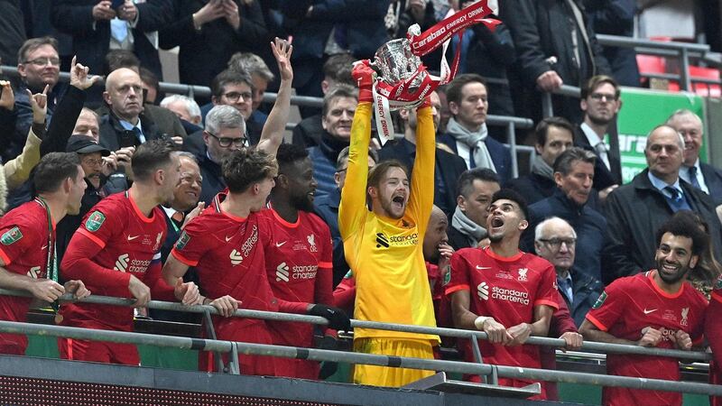 Liverpool’s Irish goalkeeper Caoimhin Kelleher during the trophy presentation. Photograph: Getty Images